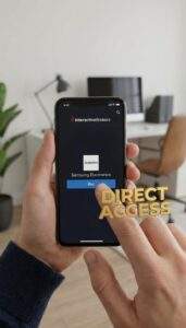 A first-person view of a person holding a smartphone. The screen shows the Interactive Brokers app with a "Buy" button for Samsung Electronics. A gold "DIRECT ACCESS" text floats near the finger.