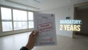 A first-person view of a hand holding an approved housing permit document in an empty Korean apartment, with the text "MANDATORY: 2 YEARS"