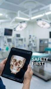 A first-person perspective of a surgeon holding a tablet displaying a detailed 3D facial CT scan within a modern, blurred surgical suite, with text overlay "SAFETY FIRST".