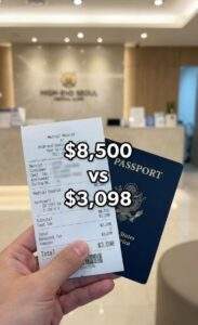 Person holding a Korean medical receipt and a US passport, with text overlay showing the price difference.