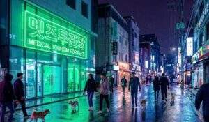 A vibrant night scene on a neon-lit street in Seoul, featuring a glowing green sign that reads "MEDICAL TOURISM FOR PETS" in English and Korean. People are walking dogs on the wet pavement.