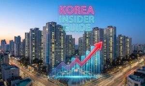 Wide-angle cityscape of Gangnam, Seoul at dusk with modern apartment complexes. A futuristic neon financial chart with a rising red arrow is superimposed in the foreground. Neon text overlay in the sky reads "KOREA INSIDER GUIDE".