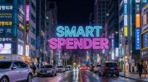 A vibrant night photograph of Apgujeong street in Seoul, featuring neon signs for clinics, luxury cars, and a glowing neon sign in the center reading "SMART SPENDER".