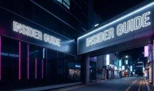 Neon "INSIDER GUIDE" sign on a modern building in Gangnam, Seoul at night.