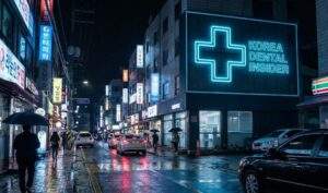 A vibrant nighttime street scene in Seoul, Korea, featuring a large neon cross sign with the text "KOREA DENTAL INSIDER" amidst other glowing signs and rain-slicked streets.