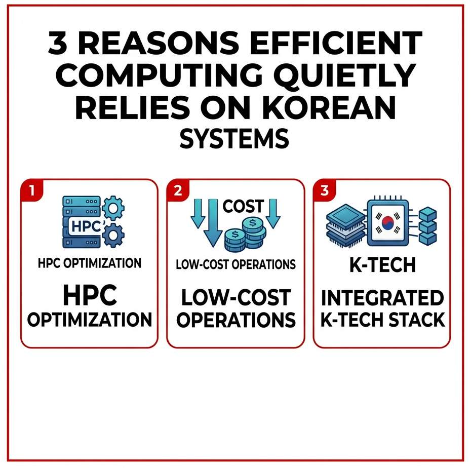 A detailed infographic with a bold red border, titled at the top: "3 REASONS EFFICIENT COMPUTING QUIETLY RELIES ON KOREAN SYSTEMS". It is divided into three numbered vertical panels. Panel 1 is labeled with a red '1' tab and is titled "HPC Optimization" twice. It features an icon of an HPC server rack with gears. Panel 2 is labeled with a red '2' tab and is titled "Low-Cost Operations" twice. It features an icon with a 'COST' text, downward arrows, and a stack of gold coins with dollar signs. Panel 3 is labeled with a red '3' tab and is titled "K-Tech" and "Integrated K-Tech Stack" twice. It features an icon with stacked chip components, one bearing the South Korean flag (Taegeukgi) and linked data points. The overall background is clean white with ample empty space below the panels.