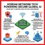 A clean, text-based infographic with a white background and red border titled "Korean Network Tech Powering Secure Global AI: Solid Inc.'s Unsung Role in the AI Backbone." It uses simple icons to explain three main sections: "The Secure Network Bottleneck," "Solid Inc.'s Specialized Niche," and "Benefits for AI Agents & LLMs." The central graphic highlights Solid Inc.'s specialized 5G/LTE solutions, emphasizing data integrity, low latency, and connectivity in challenging environments like mines, factories, and stadiums.